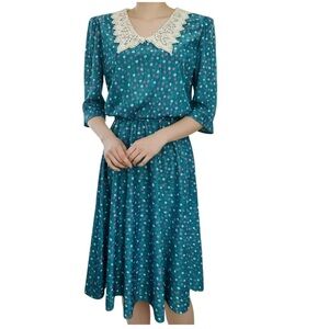 M.C.S Ltd Dress 10P Blouson Stripes Dots Green Vintage Half Sleeve